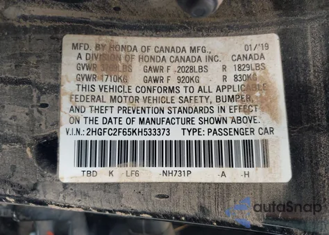 2019 Honda Civic Lx z USA, uszkodzony, nr VIN 2HGFC2F65KH533373